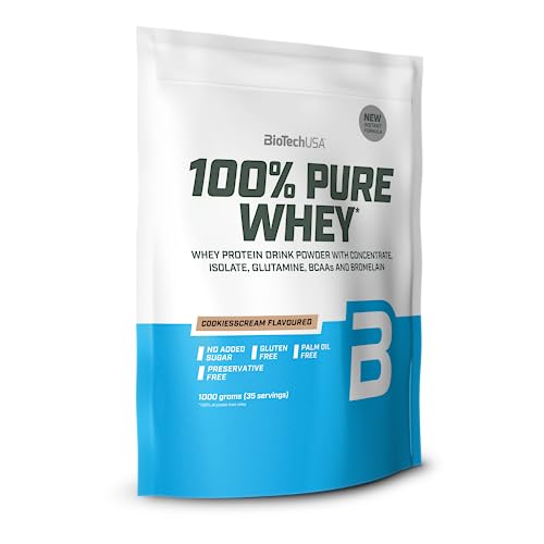 BioTechUSA 100% Pure Whey | Proteína en Polvo con BCAA y Glutamina | Sin Gluten, Sin Aceite de Palma, 1 kg, Cookies & Cream