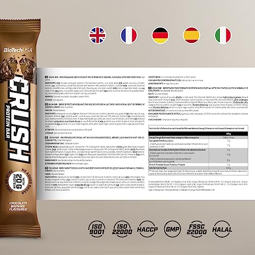 BioTechUSA Crush Bar Barrita alta en proteínas con cobertura de chocolate crujiente y sin azúcar añadido, 12 * 64 g, Chocolate-Brownie