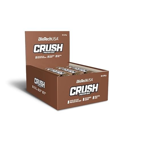 BioTechUSA Crush Bar Barrita alta en proteínas con cobertura de chocolate crujiente y sin azúcar añadido, 12 * 64 g, Chocolate-Brownie