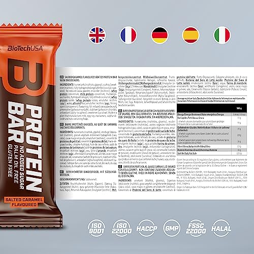 BioTechUSA Protein Bar - barrita de proteínas con alto contenido proteico, sin azúcar añadido, con proteína del suero y colágeno, 16 * 70 g, Caramelo salado