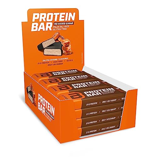 BioTechUSA Protein Bar - barrita de proteínas con alto contenido proteico, sin azúcar añadido, con proteína del suero y colágeno, 16 * 70 g, Caramelo salado
