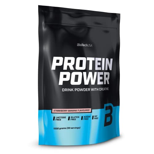 BioTechUSA Protein Power - Alto Contenido en Proteínas, Sin Azúcar, Sin Lactosa, Sin Gluten | Con Creatina Añadida, 1 kg, Fresa-Plátano