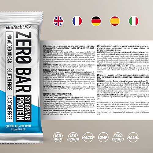 BioTechUSA Zero Bar Protein Snack - Bajo en Azúcar y Sin Lactosa | Textura Crujiente | Deliciosos Sabores | Ideal para Dietas y Entrenamientos, 20 * 50 g, Chocolate-Coco