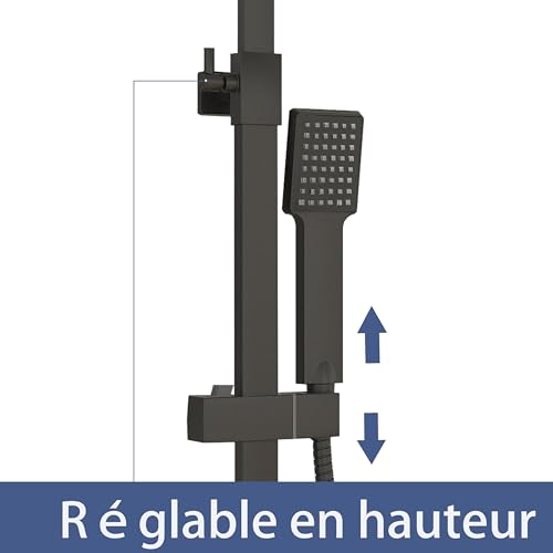 Biubiubath - Sistema de columna de ducha termostática con mezclador termostático, ducha de mano cuadrada y ducha con cabezal, columna de ducha ajustable en altura, antirgrietas, cromado (cuadrado 1)