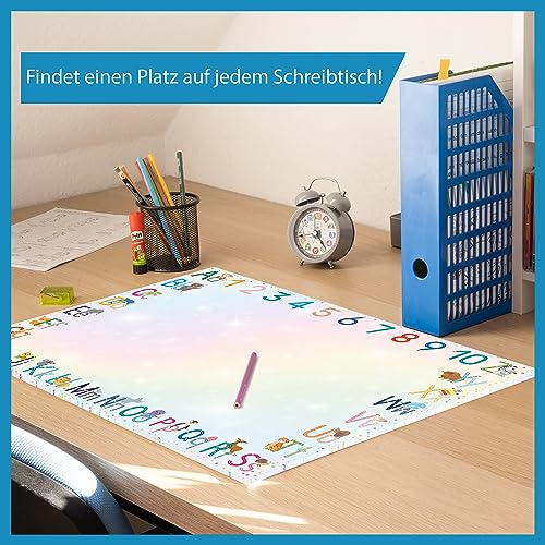 blaash® Tapete de escritorio XXL ABC, papel DIN A2, brillante, bloc de 25 hojas con mucho espacio para pintar, escribir o garabatear, base de escritorio para niñas y niños, protector de mesa infantil