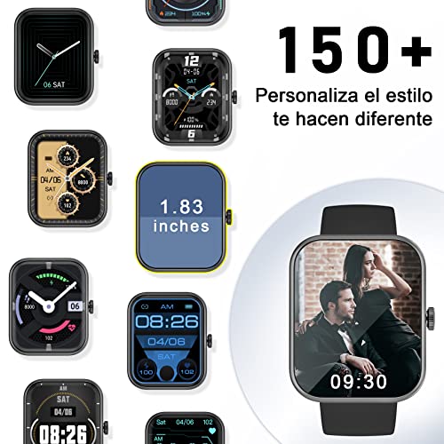 Blackview Reloj Inteligente Hombre Mujer - Llamada Bluetooth, Pantalla Grande 1,83 Pulgada/Oxímetro (SpO2) Pulsómetro/100 Modos Deportivos, Calculadora, Smartwatch Fashion para Hombre (2 Correas)