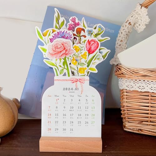 Bloomy Flowers Desk Calendar, Calendario Mesa Flores Creativo,Calendario 2024 Sobremesa Flores con Soporte De Madera, Adornos Temáticos De Flores, Calendarios De Mesa para Sala De Estudio, Escuela