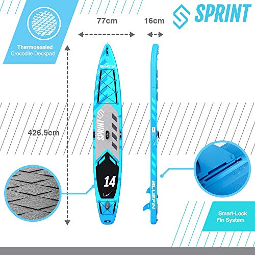 Bluefin SUP Sprint para Travesía | Tabla de Paddle Surf Hinchable de 14’ | Remo Liviano de Fibra de Vidrio | Longitud para Expedición | Espacio de Carga | Accesorios Completos | 5 Años de Garantía