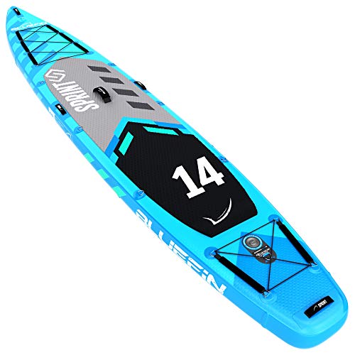 Bluefin SUP Sprint para Travesía | Tabla de Paddle Surf Hinchable de 14’ | Remo Liviano de Fibra de Vidrio | Longitud para Expedición | Espacio de Carga | Accesorios Completos | 5 Años de Garantía