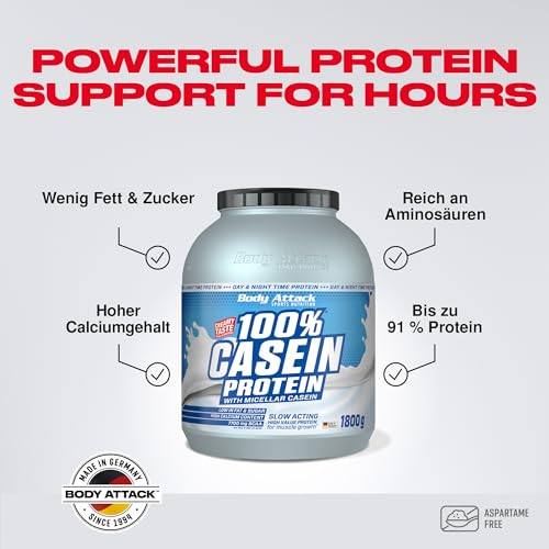 Body Attack 100% proteína de caseína, rico en aminoácidos esenciales, desarrollo de músculos, bajo en carbohidratos para, los atletas y las personas conscientes de su físico, natural, 1,8kg