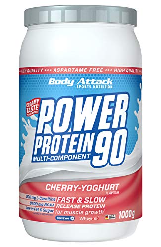 Body Attack Power Protein 90, Crema de cereza y yogur, 1 kg, 5 K de proteína en polvo con proteína de suero, L-carnitina y BCAA para el desarollo de los músculos y el fitness