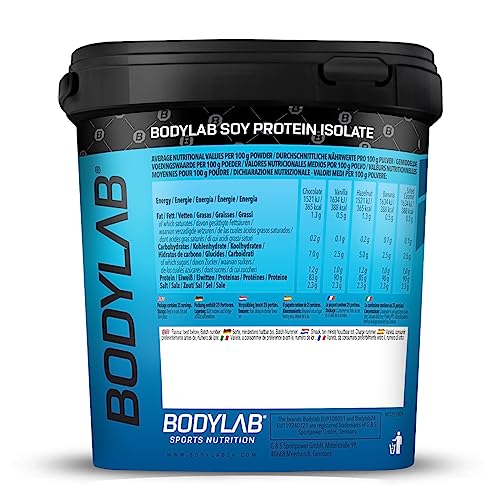 Bodylab24 Aislado de Proteína de Soja Vainilla 1kg, aislado de proteína de soja vegetal pura para tu desarrollo muscular, hasta un 90% de proteínas, amplio perfil de aminoácidos
