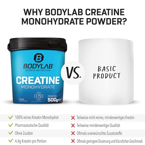 Bodylab24 Creatina en Polvo 500g, creatina pura monohidrato en polvo, altas dosis de creatina para más energía y fuerza