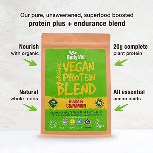 BodyMe Mezcla de Proteina Vegana Organica en Polvo | Cruda Maca Canela | 1kg | Sin Edulcorante | Baja Carb | Sin Gluten | 3 Proteinas Veganas | 20g Proteina Vegetal Completa | Aminoacidos Esenciales