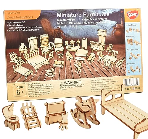 BOHS Juego de muebles en miniatura en 3D para casas de muñecas - Kit de bricolaje con 34 piezas de rompecabezas de madera - A partir de 6 años