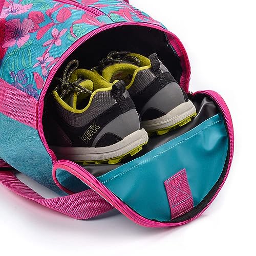 Bolsa Deporte Viaje Gimnasio con Compartimento Separado para Zapatos Duffle Bag para Hombre Mujer Ultraligera Plegable Bolsa Deportiva 25 L Yoga Bolsa Fin de Semana (Blue/Pink Flowers, 25 L)