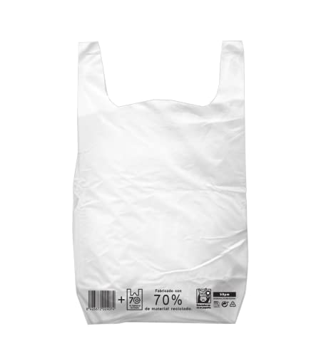 Bolsas de Plástico Tipo Camiseta Resistentes, Reutilizables y Recicladas 70% Cumple Normativa, Tamaño Mediana - 42x53 cm