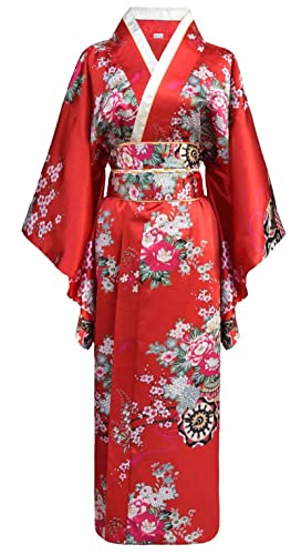 Bon amixyl kimono japonés mujer tradicional joven señora Yukata con vestido traje de cosplay albornoz satinado, rojo, M