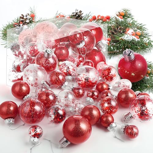 BoriYa Bolas de Navidad con Luz LED - 36 Piezas Rojas Bolas Arbol de Navidad Irrompibles,Plástico Transparentes Rellenables Bolas Árbol de Navidad Set 8cm 6cm 4cm,Adornos de Navidad para Interiores