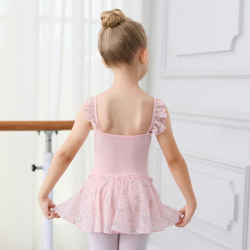 boruizhen Maillot Ballet Niña Vestido de Danza Algodón Gimnasia Leotardo Sin Mangas Ropa de Baile con Falda Estampada para Niñas 3-4 Años Rosa