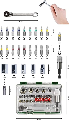 Bosch Professionnal 27 uds. Set de puntas atornillar y carraca (puntas PH, PZ, hexagonal, T, S, accesorios para taladro destornillador)