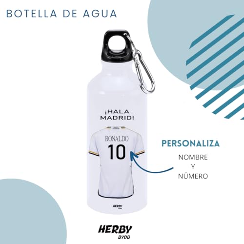 Botella de agua del Madrid personalizado con nombre, bidón de aluminio para llevar, cantimplora para niños de 600 ml con dos tapones, regalos personalizados del madrid (Madrid)