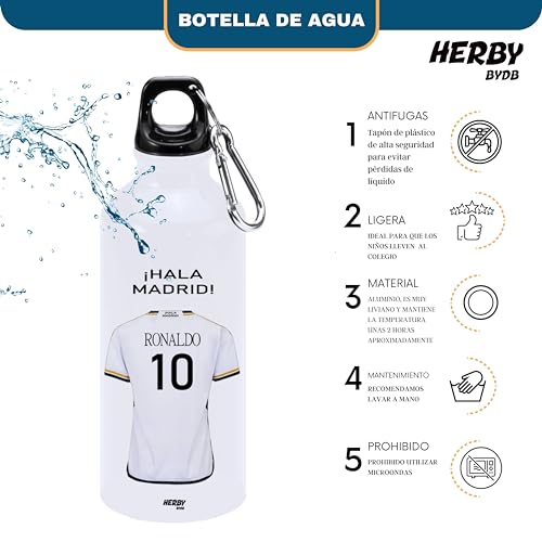 Botella de agua del Madrid personalizado con nombre, bidón de aluminio para llevar, cantimplora para niños de 600 ml con dos tapones, regalos personalizados del madrid (Madrid)