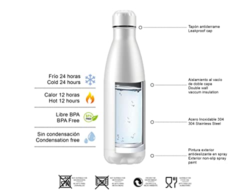 Botella de Agua Térmica de Acero Inoxidable Reutilizable | Sin BPA | Mantiene 24H Frio / 12H Calor | Isotérmica y Hermética - Doble Pared al Vacío a Prueba de Fugas (500ml, Blanca)