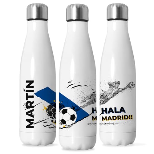 Botella Real Madrid. Botella de agua del Madrid personalizada con nombre y colores de tu equipo de fútbol. Tu Botellas de acero inoxidable térmicas de Doble Capa y del Madrid. Regalos Real Madrid