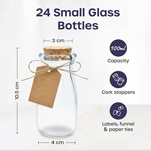 Botes de cristal pequeños (100ml o 3.4 onzas) Frascos de vidrio con tapa de corcho, botellitas para bodas, chuches en fiestas, (set de 24), botellas con tapones, embudo y etiquetas con cordel