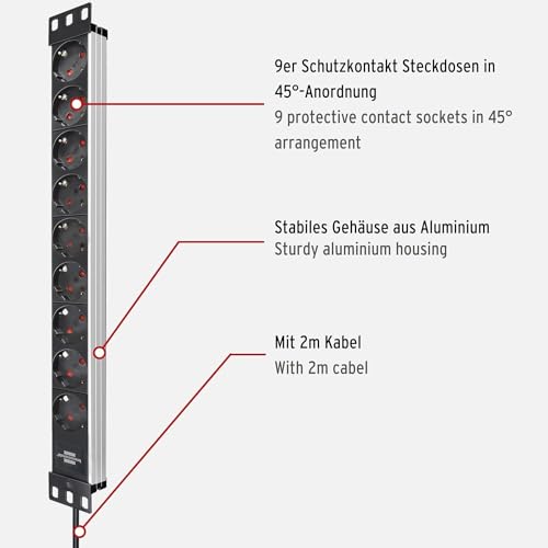 Brennenstuhl Alu-Line regleta enchufes 19" para armario rack con 9 tomas de corriente (cable de 2 m, unidad de distribución, 19" formato para montaje, sin interruptor)