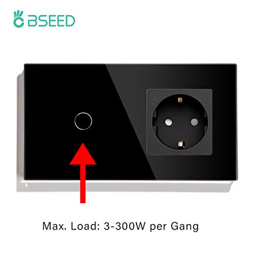 BSEED 1 Gang 1 Vía Interruptor Táctil Con Enchufe Sin Wifi Interruptor de Luz de Pared Panel Vidrio 157mm 3-500w Negro