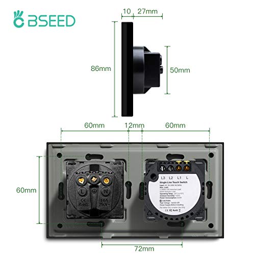 BSEED 1 Gang 1 Vía Interruptor Táctil Con Enchufe Sin Wifi Interruptor de Luz de Pared Panel Vidrio 157mm 3-500w Negro