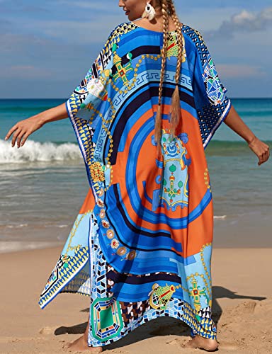 Bsubseach Colorful Beach Cover Up Loose Kaftan Vestido de Manga Corta Traje de baño Coverup para Mujer Azul Naranja Cadena