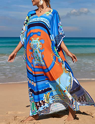 Bsubseach Colorful Beach Cover Up Loose Kaftan Vestido de Manga Corta Traje de baño Coverup para Mujer Azul Naranja Cadena