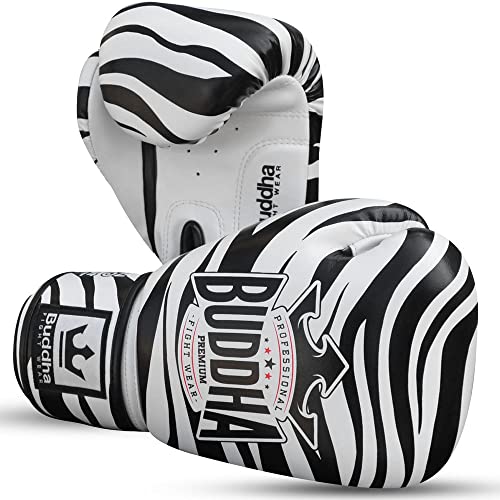 BUDDHA FIGHT WEAR - Guantes de Boxeo Fanstasy Zebra - Muay Thai - Kick Boxing - Piel Sintética Tejido Interior Resistente A Olores - Costura Reforzada - Blanco y Negro - Talla 12 Onz