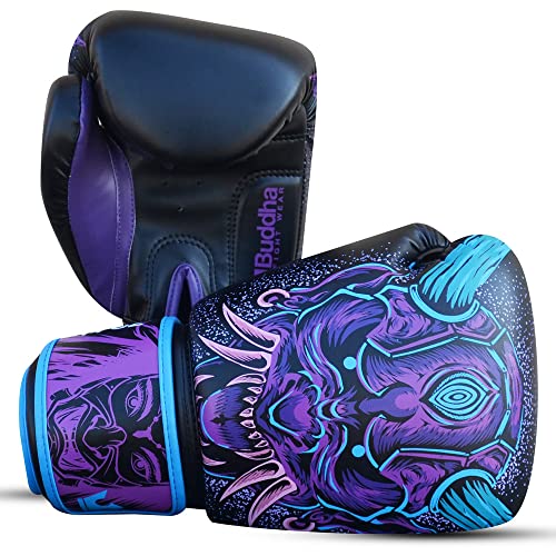 BUDDHA FIGHT WEAR - Guantes de Boxeo Fantasy Luzbel - Muay Thai - Kick Boxing - Piel Sintética Tejido Interior Resistente A Olores - Costura Reforzada - Colores Azules - Talla 10 Oz