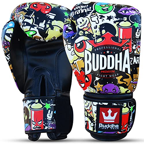 Buddha Fight Wear - Guantes de Boxeo Fantasy Zippy - Muay Thai - Kick Boxing - Piel Sintética Tejido Interior Resistente A Los Olores - Costura Reforzada - Multicolor - Talla 14 Onz