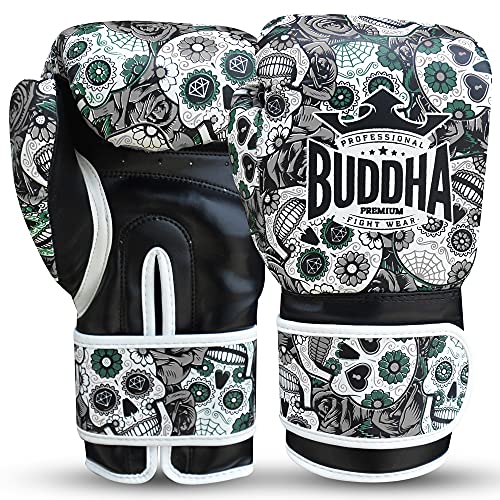 BUDDHA FIGHT WEAR - Guantes de Boxeo Mexican - Muay Thai - Kick Boxing - Piel Sintética Relleno Interior GS-3 - Protección contra Impactos - Color Negro - Talla 10 Onz