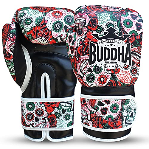 BUDDHA FIGHT WEAR - Guantes de Boxeo Mexican - Muay Thai - Kick Boxing - Piel Sintética Relleno Interior GS-3 - Protección contra Impactos - Color Rojo - Talla 16 Onz