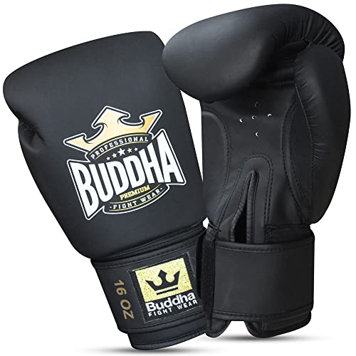 BUDDHA FIGHT WEAR - Guantes de Boxeo Thailand - Muay Thai - Kick Boxing - Piel Sintética Tejido Interior Resistente A Los Olores - Costura Reforzada - Color Negro Mate - Talla 12 Onz