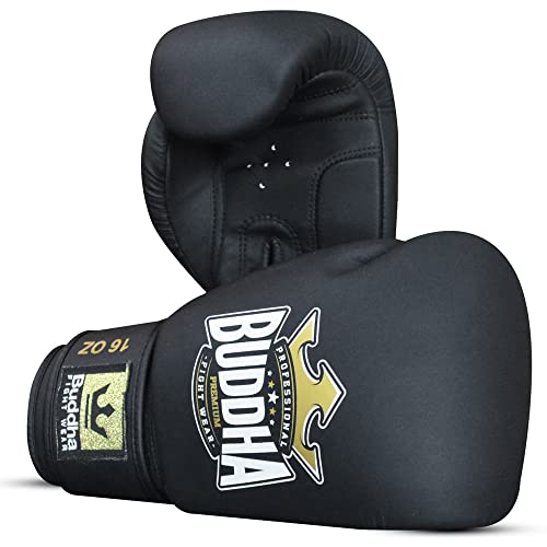 BUDDHA FIGHT WEAR - Guantes de Boxeo Thailand - Muay Thai - Kick Boxing - Piel Sintética Tejido Interior Resistente A Los Olores - Costura Reforzada - Color Negro Mate - Talla 12 Onz