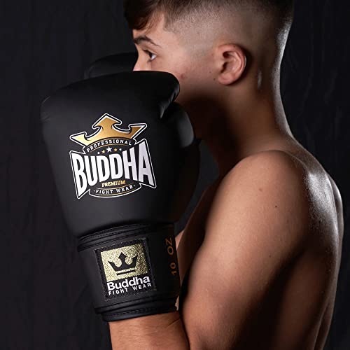 Buddha Fight Wear - Guantes de Boxeo Thailand - Muay Thai - Kick Boxing - Piel Sintética Tejido Interior Resistente A Los Olores - Costura Reforzada - Color Negro Mate - Talla 16 Onz