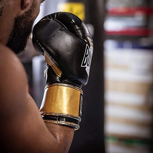 BUDDHA FIGHT WEAR - Guantes de Boxeo Top Fight - Muay Thai - Kick Boxing - Piel Sintética Relleno Interior GS-3 - Protección contra Impactos - Color Negro y Oro - Talla 12 Onz
