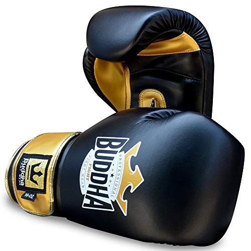 BUDDHA FIGHT WEAR - Guantes de Boxeo Top Fight - Muay Thai - Kick Boxing - Piel Sintética Relleno Interior GS-3 - Protección contra Impactos - Color Negro y Oro - Talla 12 Onz