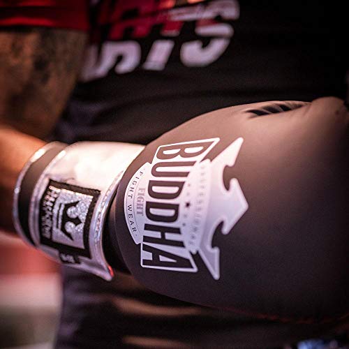 BUDDHA FIGHT WEAR - Guantes de Boxeo Top Fight - Muay Thai - Kick Boxing - Piel Sintética Relleno Interior GS-3 - Protección contra Impactos - Color Negro Mate - Talla 16 Onz
