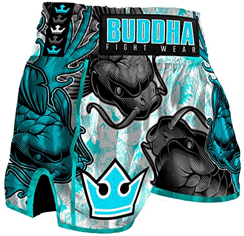 Buddha Fight Wear. Short Retro Koy Blanco. Especialmente diseñado para el Kick Boxing, Muay Thai, K1 o Cualquier modalidad de Deportes de Contacto. Talla M (50 a 60 Kgs)