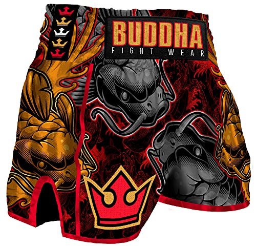 Buddha Fight Wear. Short Retro Koy Premium Negro. Especialmente diseñado para el Kick Boxing, Muay Thai, K1 o Cualquier modalidad de Deportes de Contacto. Talla S (40 a 50 Kgs)