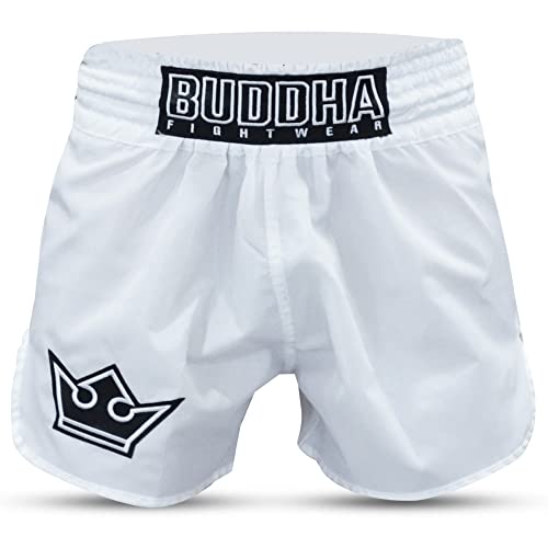 Buddha Fight Wear - Short Tradicional de Muay Thai Old School - Nylon - Secado Rápido - Patrón Europeo estándar - Gran adaptación a la morfología de Cada Luchador - Color Blanco - Talla L