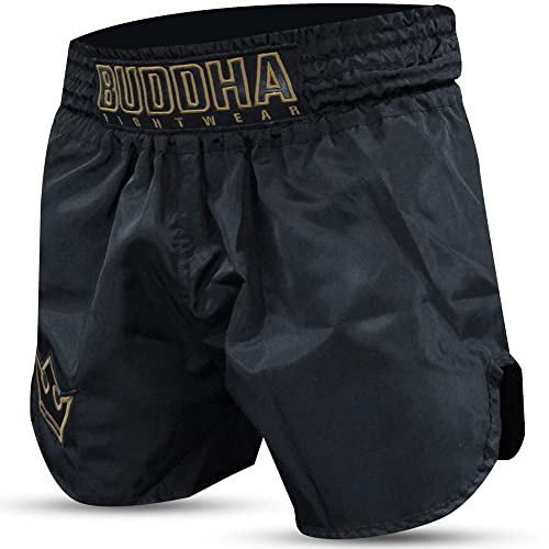Buddha Fight Wear - Short Tradicional de Muay Thai Old School - Nylon - Secado Rápido - Patrón Europeo estándar - Gran adaptación a la morfología de Cada Luchador - Color Negro+Oro - Talla XL